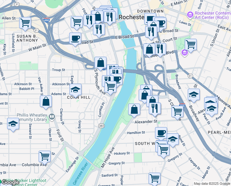 map of restaurants, bars, coffee shops, grocery stores, and more near 154 Exchange Boulevard in Rochester
