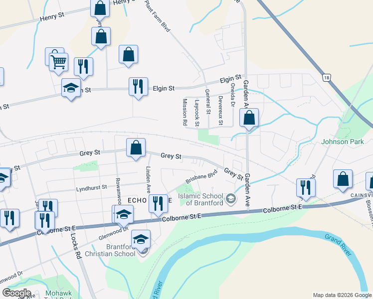 map of restaurants, bars, coffee shops, grocery stores, and more near 658 g Grey Street in Brantford