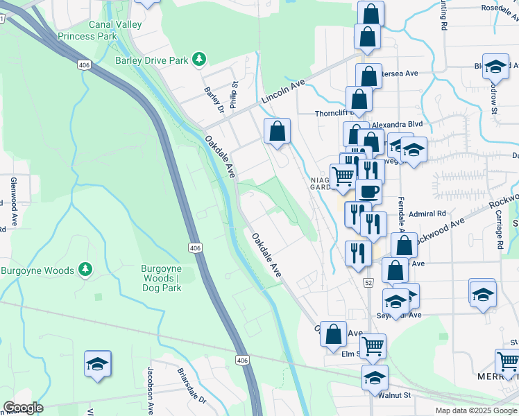 map of restaurants, bars, coffee shops, grocery stores, and more near 23 Haight Street in St. Catharines