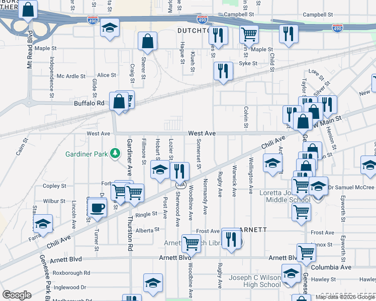 map of restaurants, bars, coffee shops, grocery stores, and more near 40 Thorndale Terrace in Rochester