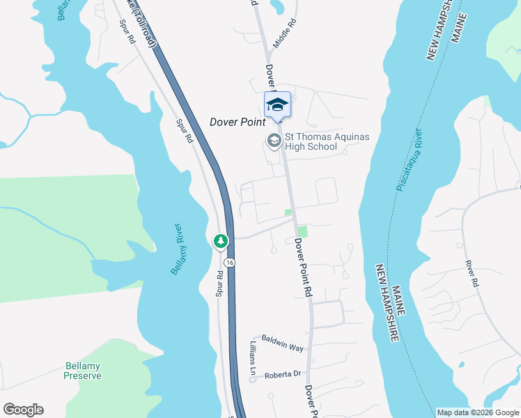 map of restaurants, bars, coffee shops, grocery stores, and more near 33 Ayers Lane in Dover