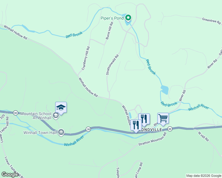 map of restaurants, bars, coffee shops, grocery stores, and more near 25 Deer Run Road in Winhall