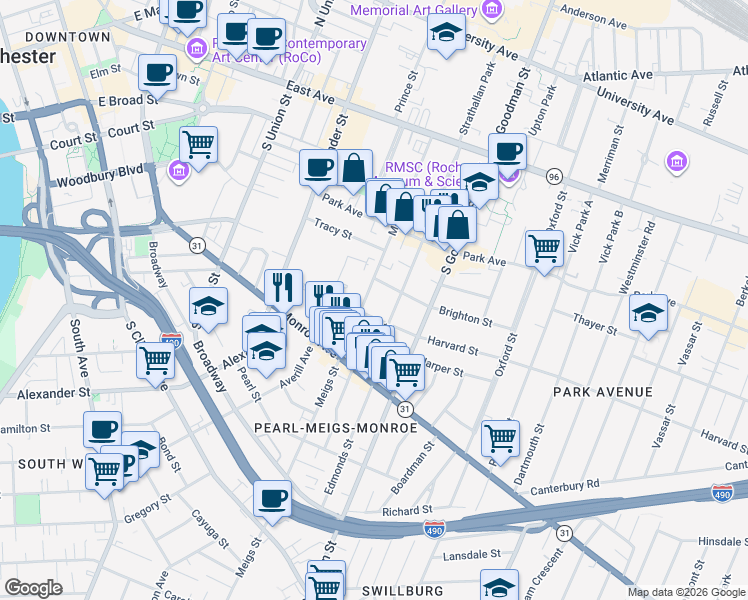 map of restaurants, bars, coffee shops, grocery stores, and more near 260 Meigs Street in Rochester