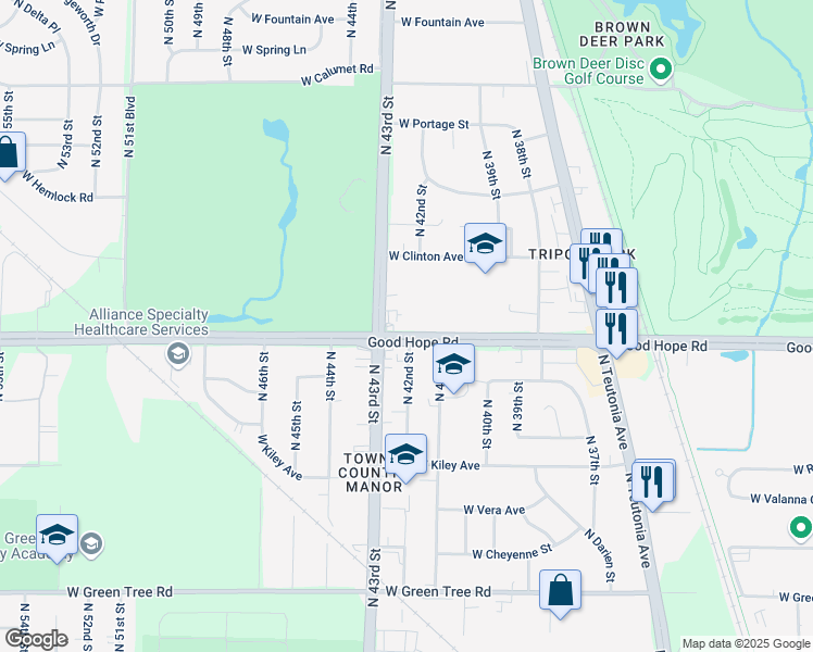 map of restaurants, bars, coffee shops, grocery stores, and more near 4200 Good Hope Road in Milwaukee