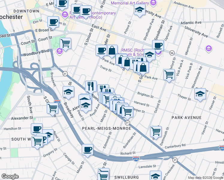map of restaurants, bars, coffee shops, grocery stores, and more near 260 Meigs Street in Rochester