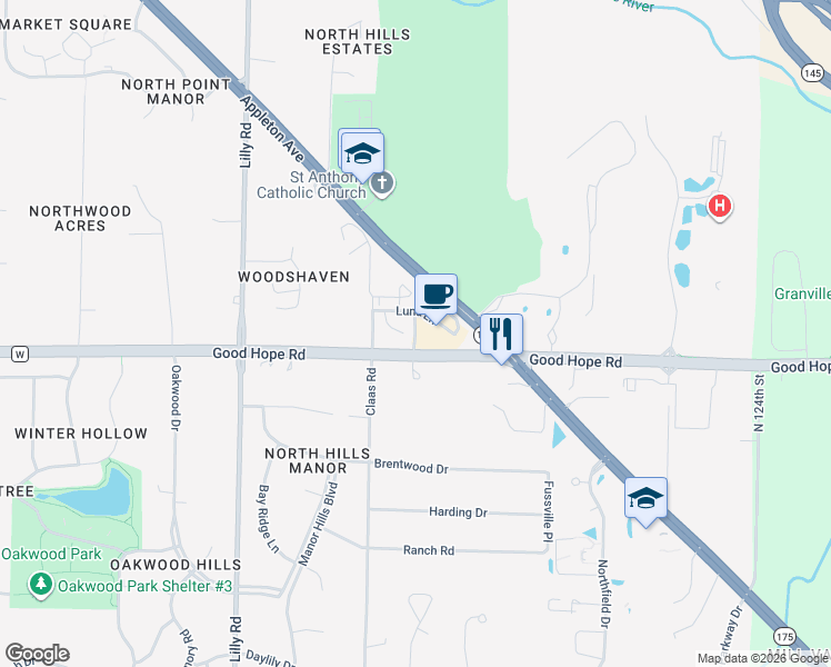 map of restaurants, bars, coffee shops, grocery stores, and more near Nelson Lane in Menomonee Falls