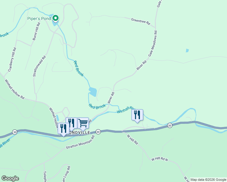 map of restaurants, bars, coffee shops, grocery stores, and more near 481 River Road in Winhall