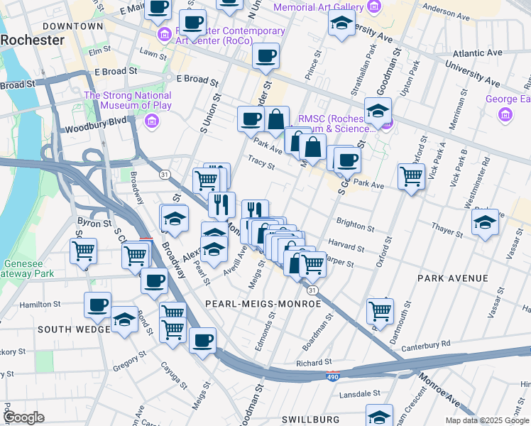 map of restaurants, bars, coffee shops, grocery stores, and more near 685 Averill Avenue in Rochester
