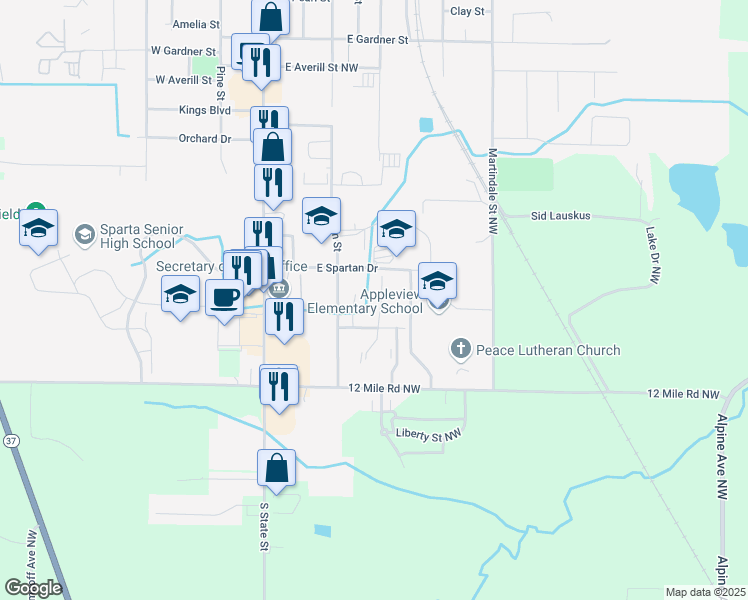 map of restaurants, bars, coffee shops, grocery stores, and more near 531 Donna Street Northwest in Sparta