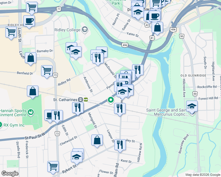 map of restaurants, bars, coffee shops, grocery stores, and more near 12 Dexter Street in Saint Catharines