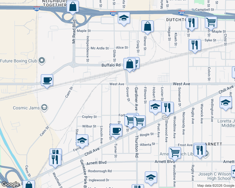 map of restaurants, bars, coffee shops, grocery stores, and more near 45 Depew Street in Rochester
