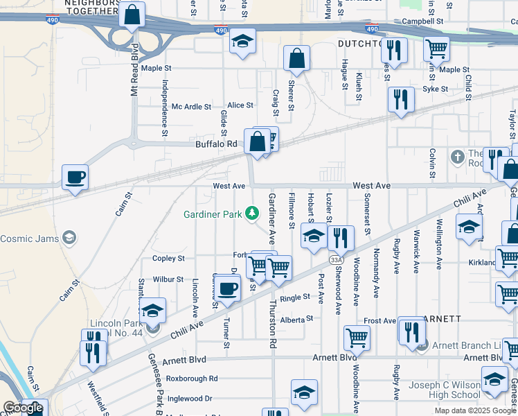 map of restaurants, bars, coffee shops, grocery stores, and more near 46 Grover St in Rochester