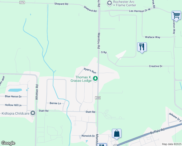 map of restaurants, bars, coffee shops, grocery stores, and more near 54 Ryan's Run in Rochester