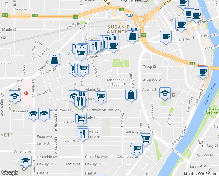 map of restaurants, bars, coffee shops, grocery stores, and more near 252 Adams Street in Rochester