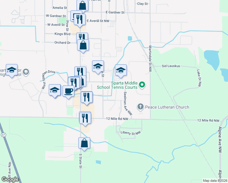 map of restaurants, bars, coffee shops, grocery stores, and more near 531 Donna Street Northwest in Sparta