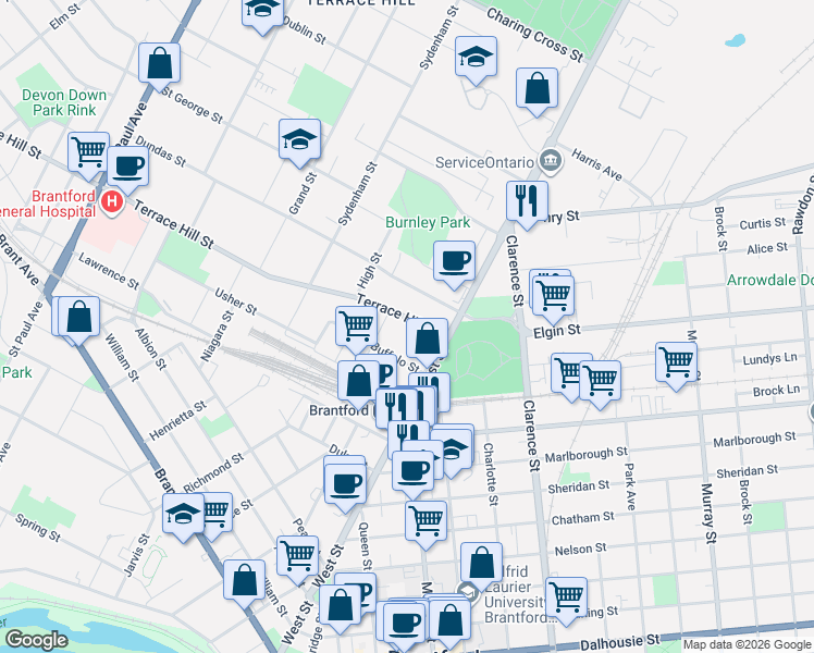 map of restaurants, bars, coffee shops, grocery stores, and more near in Brantford