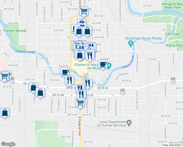 map of restaurants, bars, coffee shops, grocery stores, and more near 317 South Delaware Avenue in Mason City