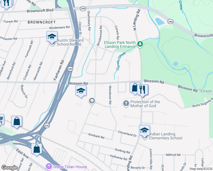 map of restaurants, bars, coffee shops, grocery stores, and more near 1575 Blossom Road in Rochester