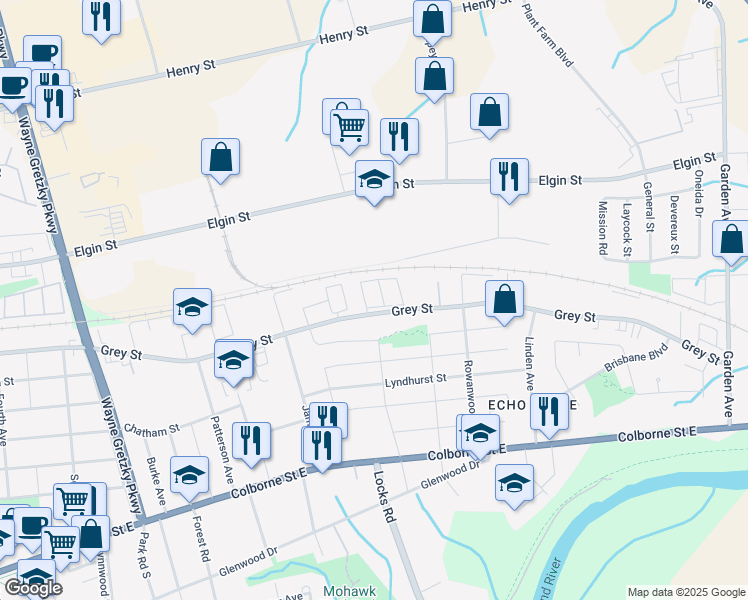 map of restaurants, bars, coffee shops, grocery stores, and more near 550 Grey Street in Brantford