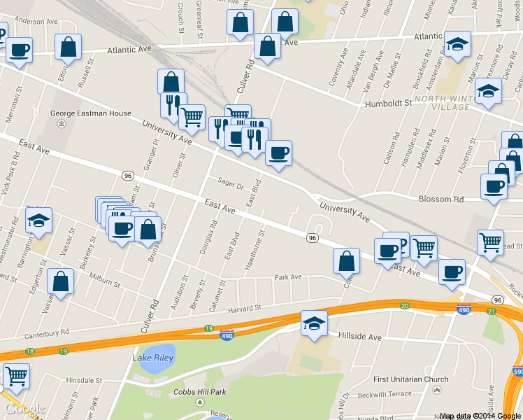 map of restaurants, bars, coffee shops, grocery stores, and more near 1350 East Avenue in Rochester