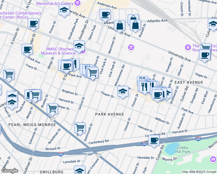 map of restaurants, bars, coffee shops, grocery stores, and more near 139 Westminster Road in Rochester