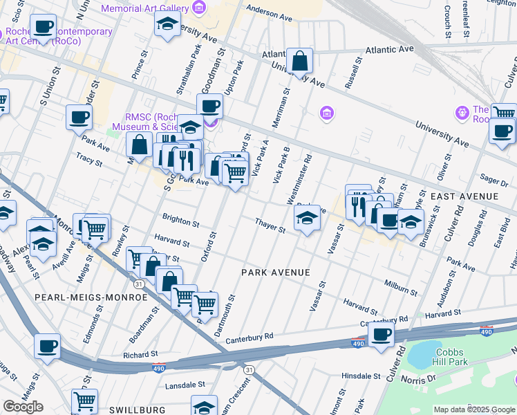 map of restaurants, bars, coffee shops, grocery stores, and more near 429 Park Avenue in Rochester