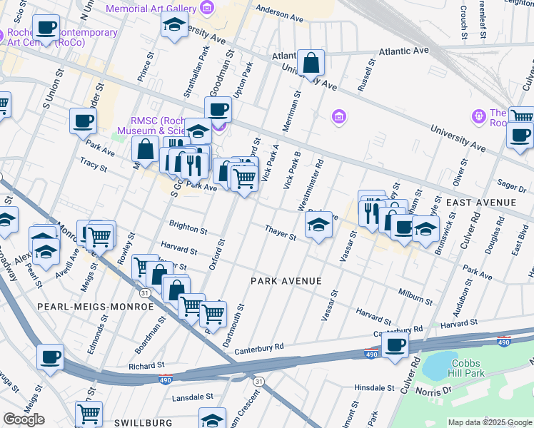map of restaurants, bars, coffee shops, grocery stores, and more near 429 Park Avenue in Rochester
