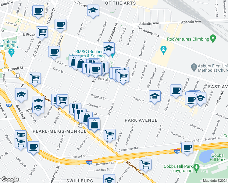 map of restaurants, bars, coffee shops, grocery stores, and more near 333 Oxford Street in Rochester