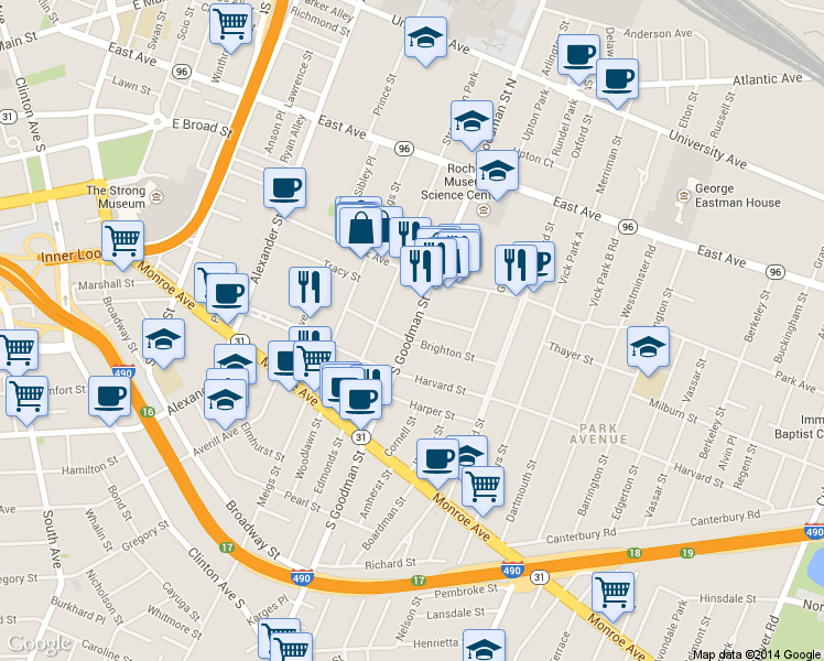 map of restaurants, bars, coffee shops, grocery stores, and more near 224 South Goodman Street in Rochester