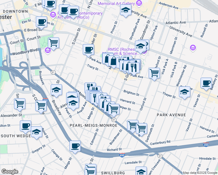 map of restaurants, bars, coffee shops, grocery stores, and more near 24 Rowley Street in Rochester
