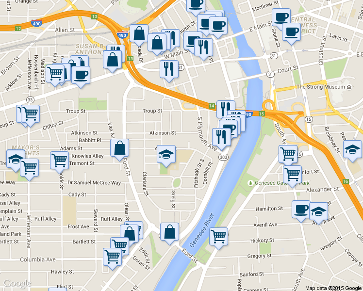 map of restaurants, bars, coffee shops, grocery stores, and more near 80 Adams Street in Rochester