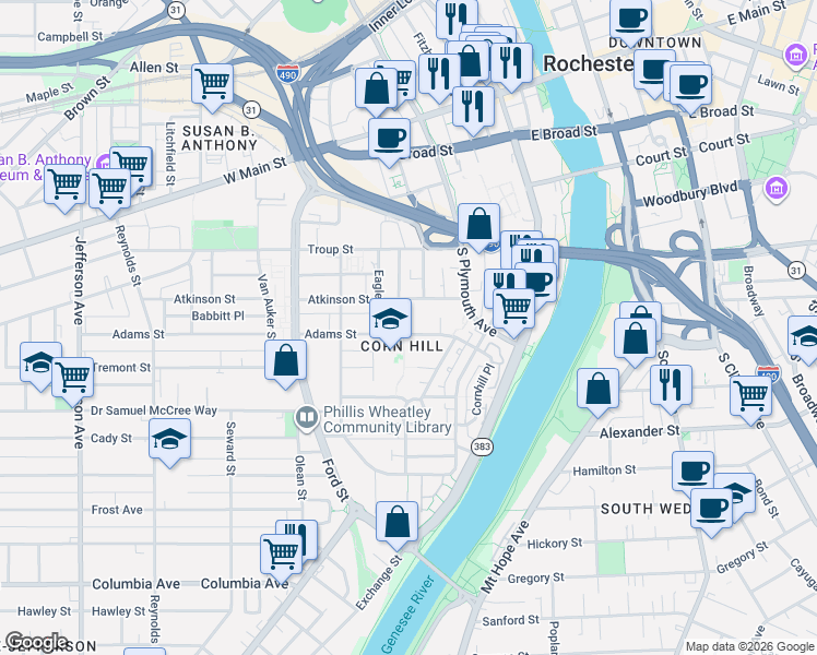 map of restaurants, bars, coffee shops, grocery stores, and more near 80 Adams Street in Rochester