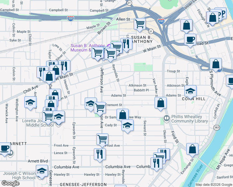 map of restaurants, bars, coffee shops, grocery stores, and more near 87 Reynolds Street in Rochester