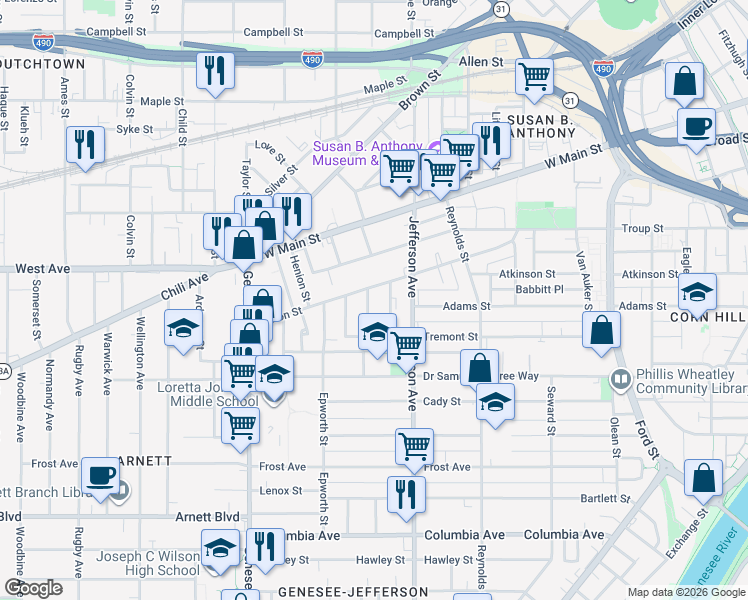 map of restaurants, bars, coffee shops, grocery stores, and more near 111 Clifton Street in Rochester