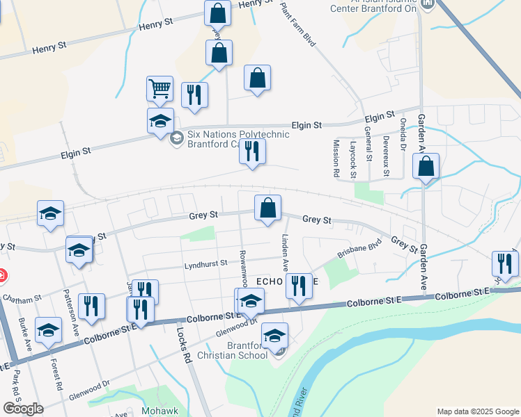 map of restaurants, bars, coffee shops, grocery stores, and more near 574 Grey Street in Brantford