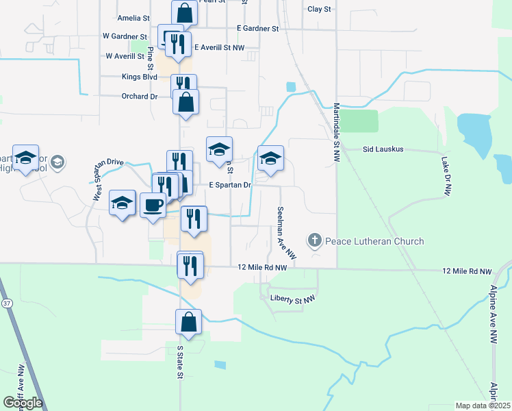 map of restaurants, bars, coffee shops, grocery stores, and more near 531 Donna Street Northwest in Sparta