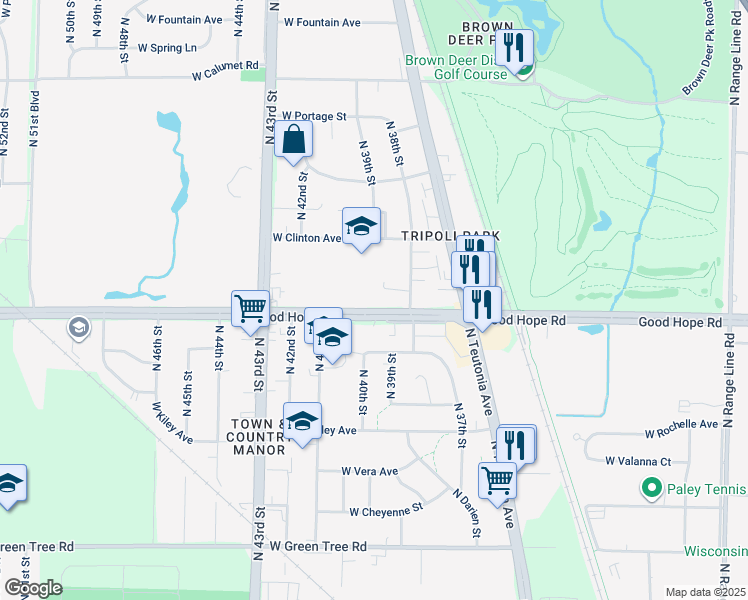 map of restaurants, bars, coffee shops, grocery stores, and more near 3828 Good Hope Road in Milwaukee