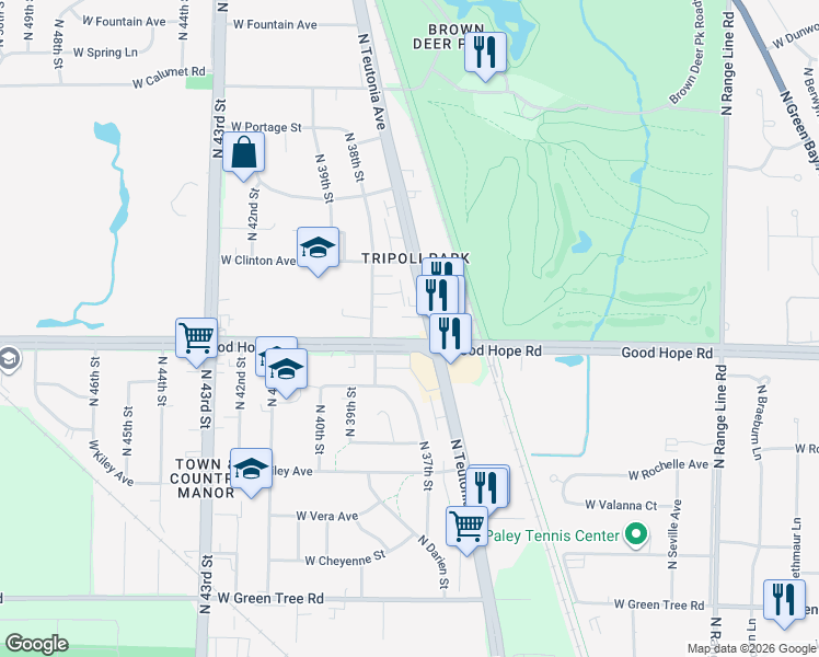 map of restaurants, bars, coffee shops, grocery stores, and more near 3636 Good Hope Road in Milwaukee
