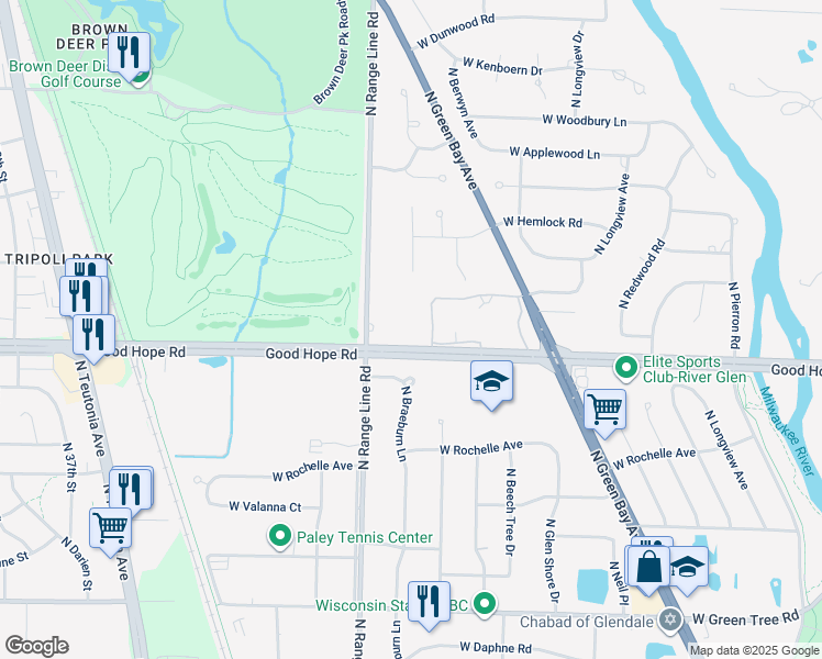 map of restaurants, bars, coffee shops, grocery stores, and more near 2510 Good Hope Road in Glendale