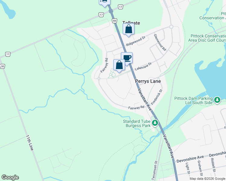 map of restaurants, bars, coffee shops, grocery stores, and more near Garden Court Crescent in Woodstock