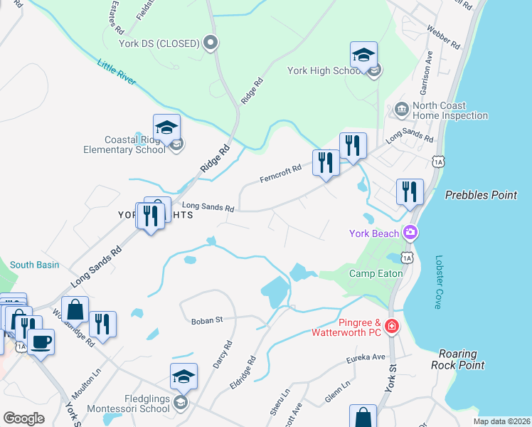 map of restaurants, bars, coffee shops, grocery stores, and more near 203 Long Sands Road in York