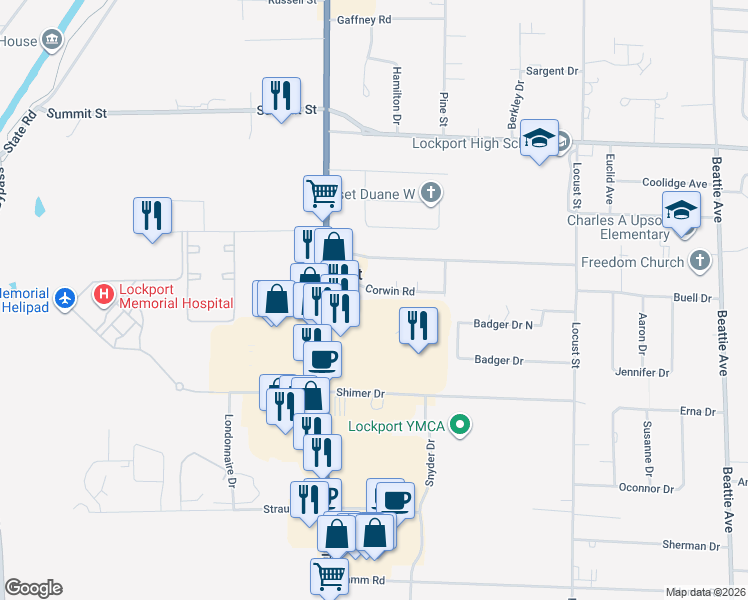 map of restaurants, bars, coffee shops, grocery stores, and more near 6232 Corwin Road in Lockport