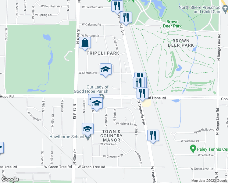 map of restaurants, bars, coffee shops, grocery stores, and more near 3828 Good Hope Road in Milwaukee