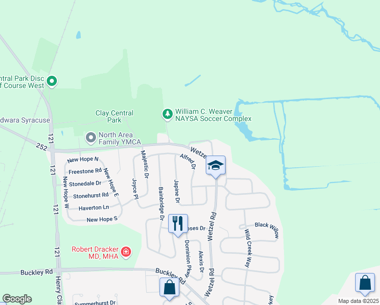 map of restaurants, bars, coffee shops, grocery stores, and more near 7821 Wetzel Road in Onondaga County