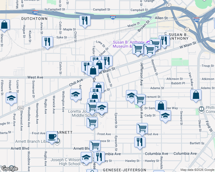 map of restaurants, bars, coffee shops, grocery stores, and more near 28 Churchlea Place in Rochester