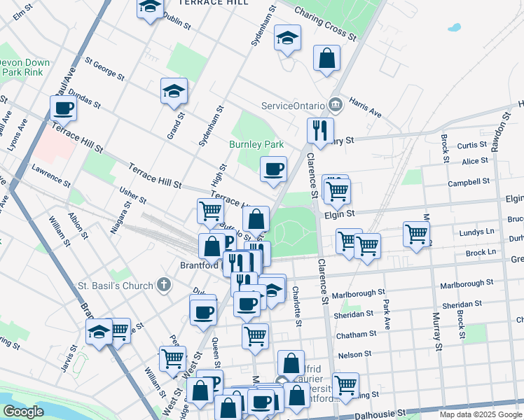 map of restaurants, bars, coffee shops, grocery stores, and more near 11 Terrace Hill Street in Brantford