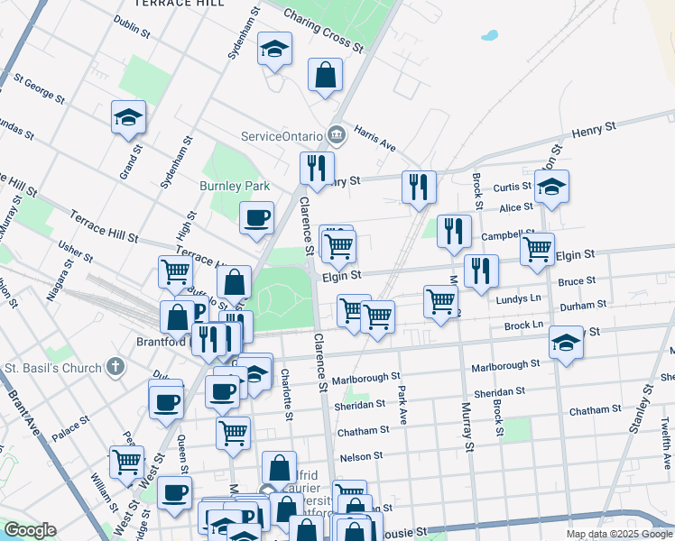 map of restaurants, bars, coffee shops, grocery stores, and more near 18 Elgin Street in Brantford