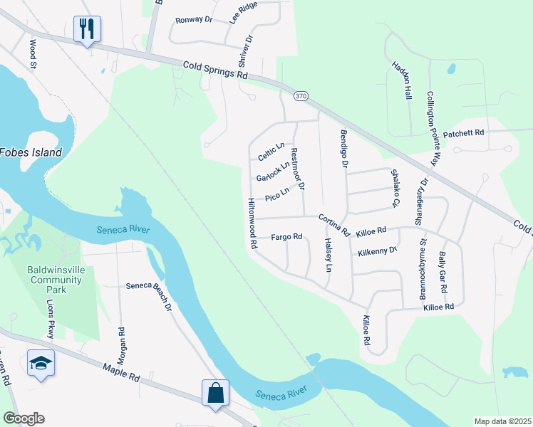 map of restaurants, bars, coffee shops, grocery stores, and more near 4092 Cortina Road in Baldwinsville