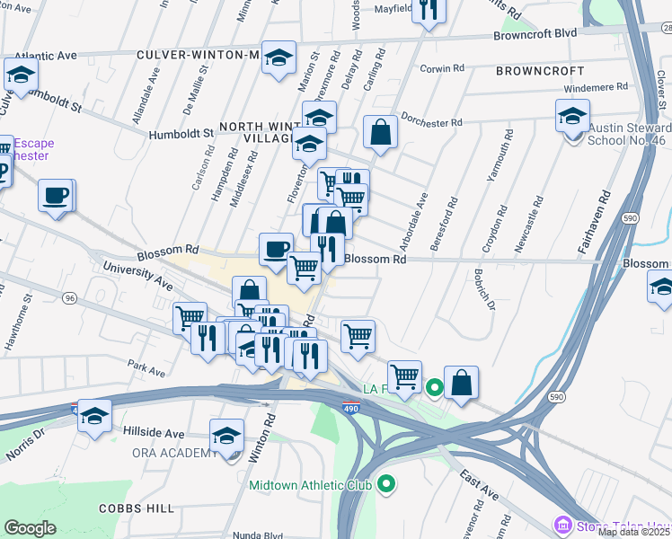 map of restaurants, bars, coffee shops, grocery stores, and more near 184 Winton Road North in Rochester