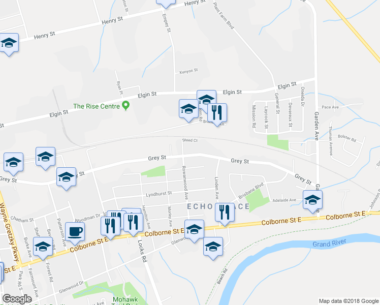 map of restaurants, bars, coffee shops, grocery stores, and more near 574 Grey Street in Brantford